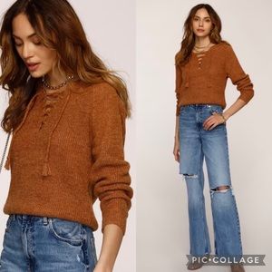 Heartloom Eren Lace-Up Chest Knit Hoodie In Carmel Size S